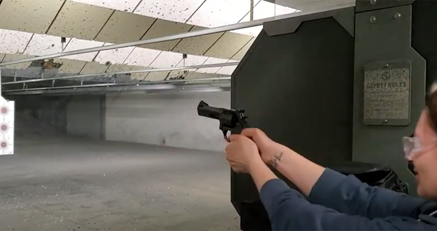 NRA Basic Pistol Class female student shoots Taurus Tracker .44 Magnum